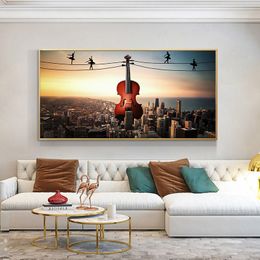 Painting Creative picture City Violin Dance Building Canvas Art Scandinavian Posters and Prints Wall Picture for Living Room