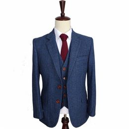 Men's Suits Blazers Wool Blue Herringbone Tweed Custom Made Men's Suits Tailor Suit Blazer Suits for Men 3 Piece JacketPantsVest Costume Homme 220909