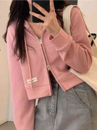 Women's Hoodies Sweatshirts Korean Short Thin Casual Full Zip Up Hoodie Women Spring Autumn Fashion Sweet Plain Coat Pink Cropped Long Sleeve Top 2022 Y220909