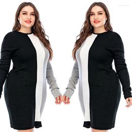 Casual Dresses Womens Plus Size Autumn Long Sleeve Midi Sweater Dress O-Neck Triple Colour Block Vertical Striped Knitted Rib Trim Slim