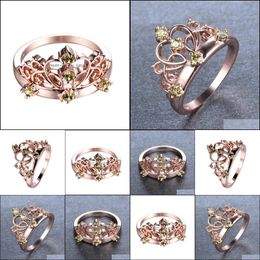 With Side Stones Retro Rose Gold Crown Rings Peridot Round For Women Ring 6 Pcs Drop Delivery 2021 Jewellery Lulubaby Dhy6O