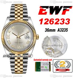 EWF Just 126233 A3235 Automatic Unisex Watch Mens Ladies 36mm Two Tone Yellow Gold Silver Roman Dial JubileeSteel Bracelet Super Edition Same Series Card Puretime B2