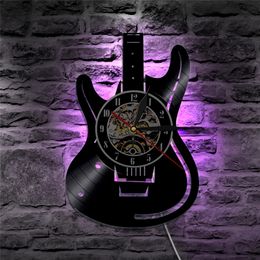 Wall Clocks Vinyl Record LED Wall Clock Modern Design Music Theme Guitar Clock Wall Watch Home Decor Musical Instruments Gift For Music Love 220909