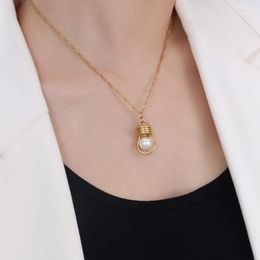 Pendant Necklaces MANI E PIEDI Personality Light Bulb Pearl Necklace For Women Stainless Steel Designer Jewelry Luxury Quality INS Korean