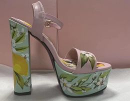 luxury print lemon sandals lady chunky heel buckle Sandalias Women glitter style Open Toe platform Shoes Runway rhinestone super High Heels leather Sandalias Mujer