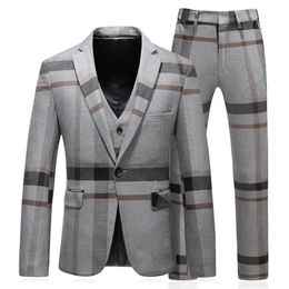 Men's Suits Blazers Men Plaid 3 Piece Suit Set Blazer Vest Pants British Style Slim Double Breasted Wedding Dress Jacket Coat Trousers Waistcoat 220909