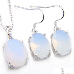 Earrings Necklace Wedding Jewelry Sets For Women Earrings Pendants 925 Sie Necklaces Oval White Moonstone Fashion 2Pcs/Lot Drop Deli Dhwkh