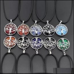 Pendant Necklaces Natural Healing Crystal Stone Tree Of Life Pendant Chakra Rose Rope Choker Necklaces Wholesale Energy Pendants Neck Dhs5V