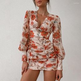 Casual Dresses Women Sexy Deep V Neck Floral Print Long Lantern Sleeve Ruched Dress 2022 Summer Elegant Female Bodycon Party Vestido XXXL