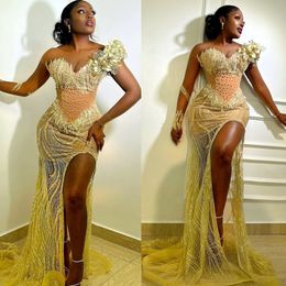 2022 Arabic Aso Ebi Gold Mermaid Prom Dresses Sequined Lace Sexy Evening Formal Party Second Reception Birthday Engagement Gowns Dress ZJ104