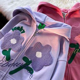 Women's Hoodies Sweatshirts Women Zip Up Hoodie Flower Embroidery Loose Purple Tops Harajuku Oversized Long Sleeve Casual Sweatshirt 2022 New Winter Y220909