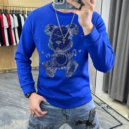 Novo design masculino com capuz urso strass pesado artesanato suéteres outono inverno novo masculino azul manga comprida camisa de fundo roupas masculinas M-5XL