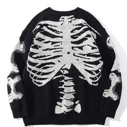 Men's Sweaters Men Oversized Black Loose Skeleton Bone Print Women Vintage Retro Knitted Autumn Cotton Pullover Unisex 220909