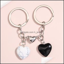 Keychains 2Pcs/Set Lover Keychain Design Natural Crystal Quartz Stone Heart Key Ring Magnetic Button Chains For Couple Friend Gifts D Dhtbp