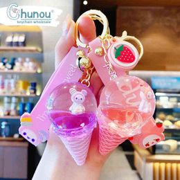 Keychains New Creative Crystal Ice Cream Cute Keychain Luxury Floating Cute Moving Liquid Quicksand Key Ring For Women Bag Pendant Keyfob T220909