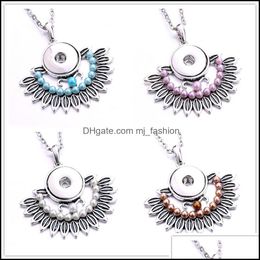 Pendant Necklaces Fahion Retro Sier Snap Button Pendant Jewelry Acrylic Pearl Paved Feather Charms 18Mm Snaps Buttons Necklace For Wo Dhosd