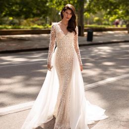 Mermaid Backless Wedding Dresses Long Sleeves Bridal Gowns With Detachable Train Beaded V Neck Plus Size Lace Vestidos De Novia