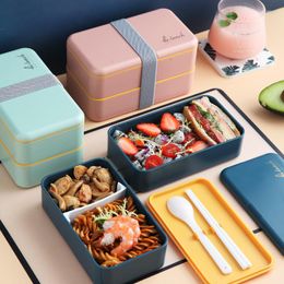 Dinnerware Sets 1200ml Double Layers Lunch Box With Spoon Fashion Portable Microwave Bento Healthy Plastic Storage Container Lunchbox