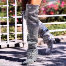 Boots Arden Furtado 2021 Fashion Winter Cone Heels Pointed Toe silver Women's Over the Knee Pleated crystal boots 41 42 220906