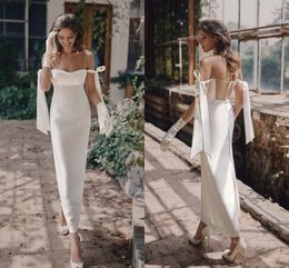 Elegant Sexy Simple Beach Sheath Wedding Dress Pearls Spaghetti Straps Strapless Satin Backless Ankle Length Bohemian Bridal Gowns Vestidos De Mariee Custom