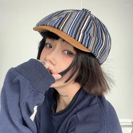 Berets Retro Personality Japanese Striped Sboy Hats For Women British Style Small Brim Octagonal Cap Forward Hat Men's Caps Beret