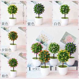 Faux Floral Greenery Green Small Tree Pickled Bonsai With Mini Roses Flowers For Home Garden Living Room Bathroom Desktop Ornament Fake Flowers Bonsai J220906