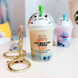 Keychains New Keychain Cartoon Cat Car Keychain Mini Milk Tea Cup Liquid Crystal Quicksand Sequin Key Ring Bag Pendant for Women T220909