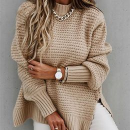 Women's Sweaters Autumn Winter Women Knitted Sweater Mock Neck Casual Loose Basic Pullovers Warm Elegant Solid Batwing Sleeve Side Split Tops 220909