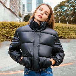 Women's Down Parkas Autumn And Winter Jacket Thickened Warmth Short Parka Coat Women's Pu Leather Jacket Elegant Solid Colour Zipper Cotton Jacket 220909