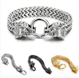 Norse Men Stainless Steel King Link Chain Viking Wolf Head Bracelet 19 21cm