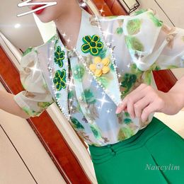 Work Dresses Elegant 2 Piece Sets For Woen 2022 Summer Beaded Flower Chiffon Shirt Blouse Midi Length Green Skirt Conjuntos De Falda