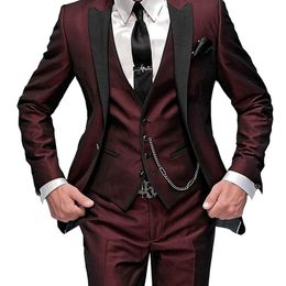 Men's Suits Blazers Men's Suit Slim Fit 3 Pieces Burgundy Tuxedo Gentle-Mens Wedding Suits Notch lapel Groom Tuxedo Terno JacketPantsVest 220909