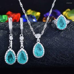 Necklace Earrings Set Vintage Luxury Water Drop Jewelry With Fashion Blue Paraiba Tourmaline Stone Fine Pendant/Earrings/Ring For Women