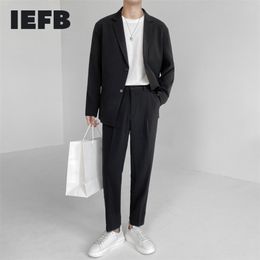 Men's Suits Blazers IEFB Men's Suit Two Pieces Set Simple Light Mature Loose Long Sleeve Suit Coat Suit Pants Green High Quality 9Y8066 220909