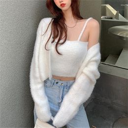 Women's Knits V Neck White Cropped Cardigan Y2k Mohair Sweater 2022 Spring Two Piece Sets Sueters Mujer Oversized Knit Black Coat Fur