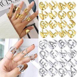 Cluster Rings Punk Hollow A-Z Letter Gold Color Metal Adjustable Opening Ring Initials Name Alphabet Female Party Chunky Wide Trendy Jewelry