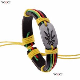 Charm Bracelets Retro Leather Bracelet Alloy Jewelry Colorf Maple Leaves Rope Punk Jamaican Reggae Red Yellow Green Mens Dangle Decor Dh9Ti