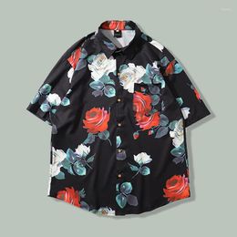 Men's Casual Shirts Hawaiian Red And White Rose Print Shirt Men's Summer Hip Hop Loose Short-sleeved Harajuku Streetwear Oversize Tops