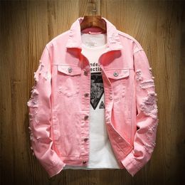 Mens Jackets Spring Autumn Mens Jean Jacket Slim Fit Cotton Denim Jacket Red White Black Ripped Hole Jean Coats Men Outwear Plus size 220909