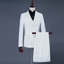 Men's Suits Blazers Men's White and Black Stripe Groom Dresses Performing Suits Double Breasted Smart Casual Men Suit Slim Fit White Regular Blazers 220909