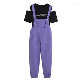 Women's Tracksuits VSUE Black Short Sleeve Top Letter Print T-shirt Overall Purple Full Length Women Two Pieces Set Summer T0434