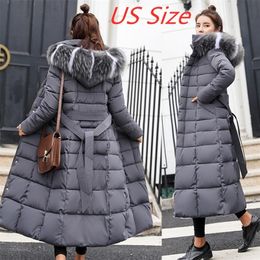 Women's Down Parkas winter jacket women's warm fashion bow belt fur collar coat long dress women's thick coat 220909