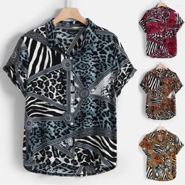 Men's Casual Shirts Men's Summer Fashion Lapel Panel Striped Leopard Print Short Sleeve Shirt Top