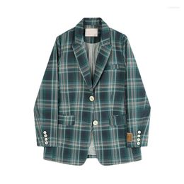 Women's Suits Korean Women Autumn Chic Double Breasted Cheque Blazer Vintage Female Pockets Green Plaid Jacket Casual Street Outwears