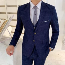 Men's Suits Blazers Three-piece Men Formal Business Groom Suit Sets For Men's Fashion Boutique Plaid Wedding Dress Suit Jacket Vest Pants 220909