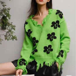 Women's Sweaters 2022 Autumn Oversized Sweater Floral Frayed Women Cool Ripped V Neck Drop Shoulder Lazy Oaf Pullover Streetwear