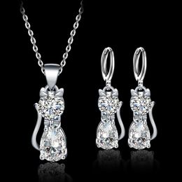 Fashion 925 Sterling Silver Crystal Cubic Zirconia Jewellery Set For Women Cute Cat Pendant Necklace Earrings Jewellery Wedding Gift