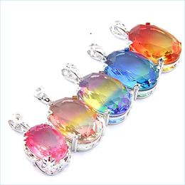 Pendant Necklaces Mix 5Pcs Rainbow New 925 Sterling Sier Oval Bi-Colored Blue Tourmaline Gemstone Necklaces Pendants For Lady Party D Dhakb