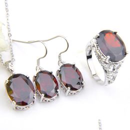 Wedding Jewelry Sets Wholesale 3Pcs/Set Lady Weddings Jewelry Sets Red Garnet 925 Sterling Sier Necklace Pendants Earrings Ring Zirco Dhv9X