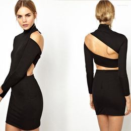 Casual Dresses Sexy Black High Neck Dress Long Sleeve Off The Shoulder Lace Up Back Bandage Club Women Spring Bodycon